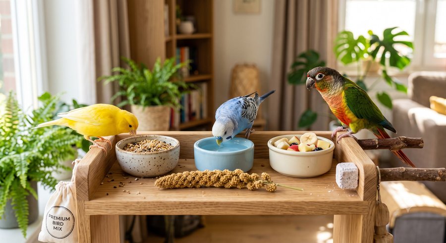 Oiseaux de compagnie devant leurs gamelles de graines, d'eau et de fruits